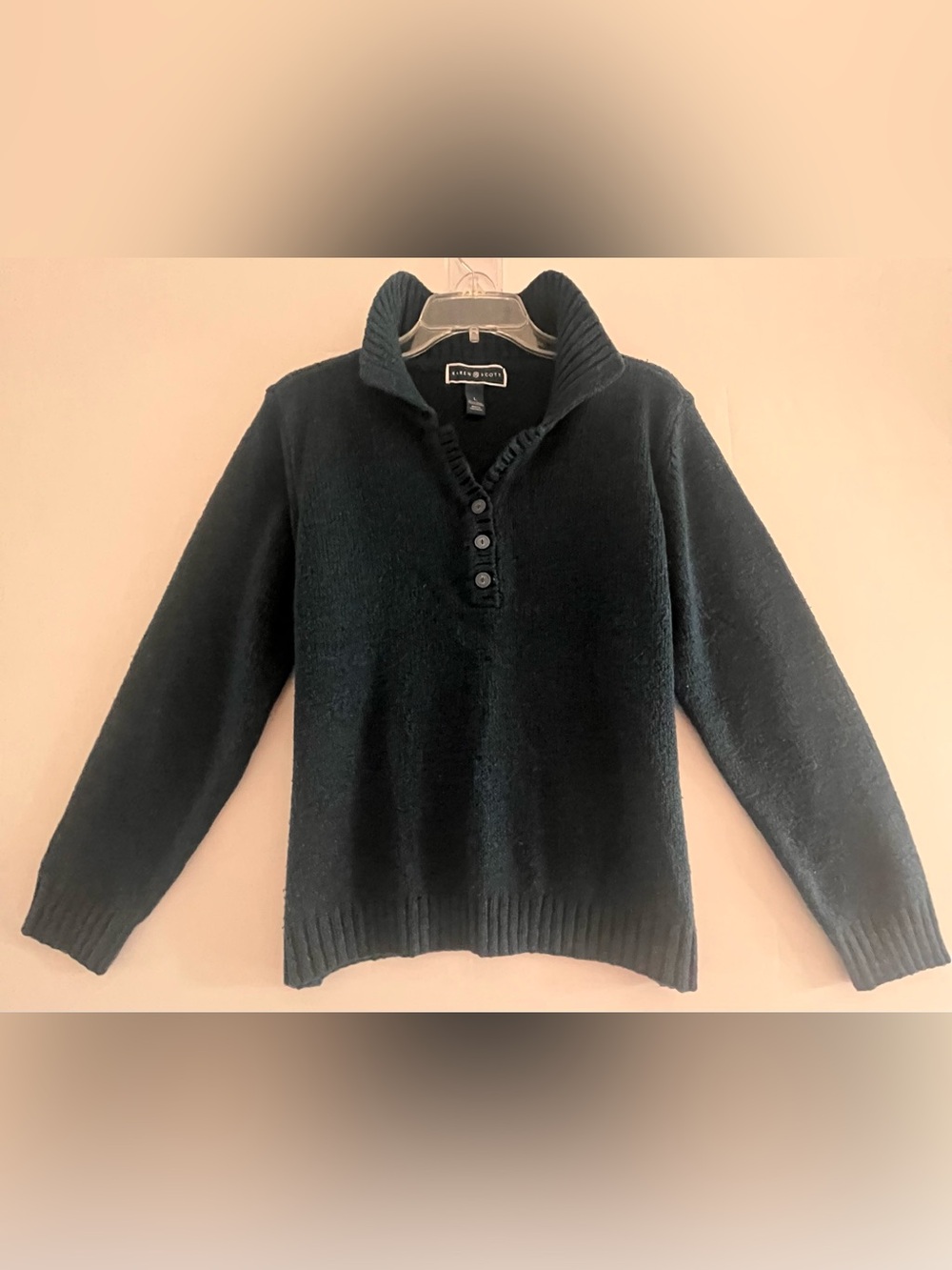 Karen Scott Dark Teal Green Bouclé Henley Knit Sweater L